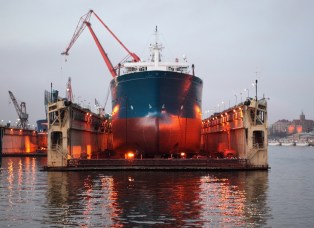 Large ship in floating dry dock